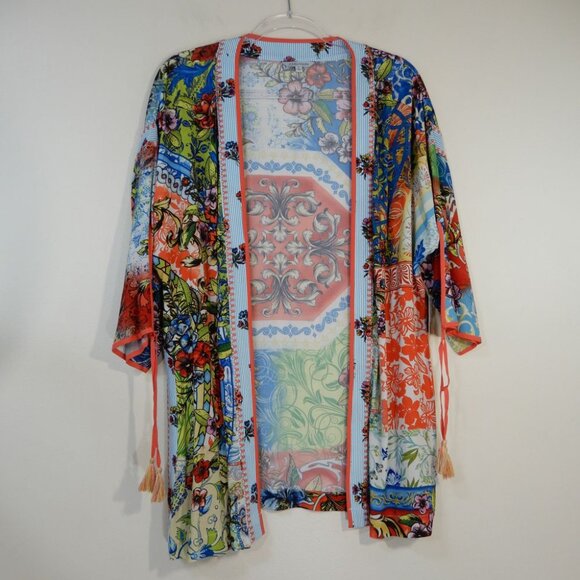 John Mark Embroidered Print KIMONO Jacket Size S Multi Tassel Sleeve NWT $119 - Picture 2 of 10
